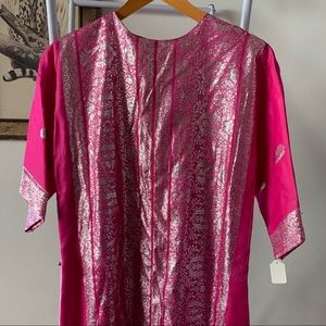 Bright Pink Long Dress with Metallic Embroidery